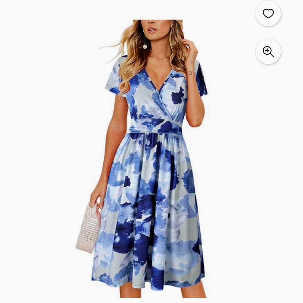 Stylish OUGES Women's V-Neck Pattern Pocket Mid Length Dress Size 2XL